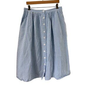 Vermont Country Store Striped Midi Skirt XL Seersucker Blue White Button Front